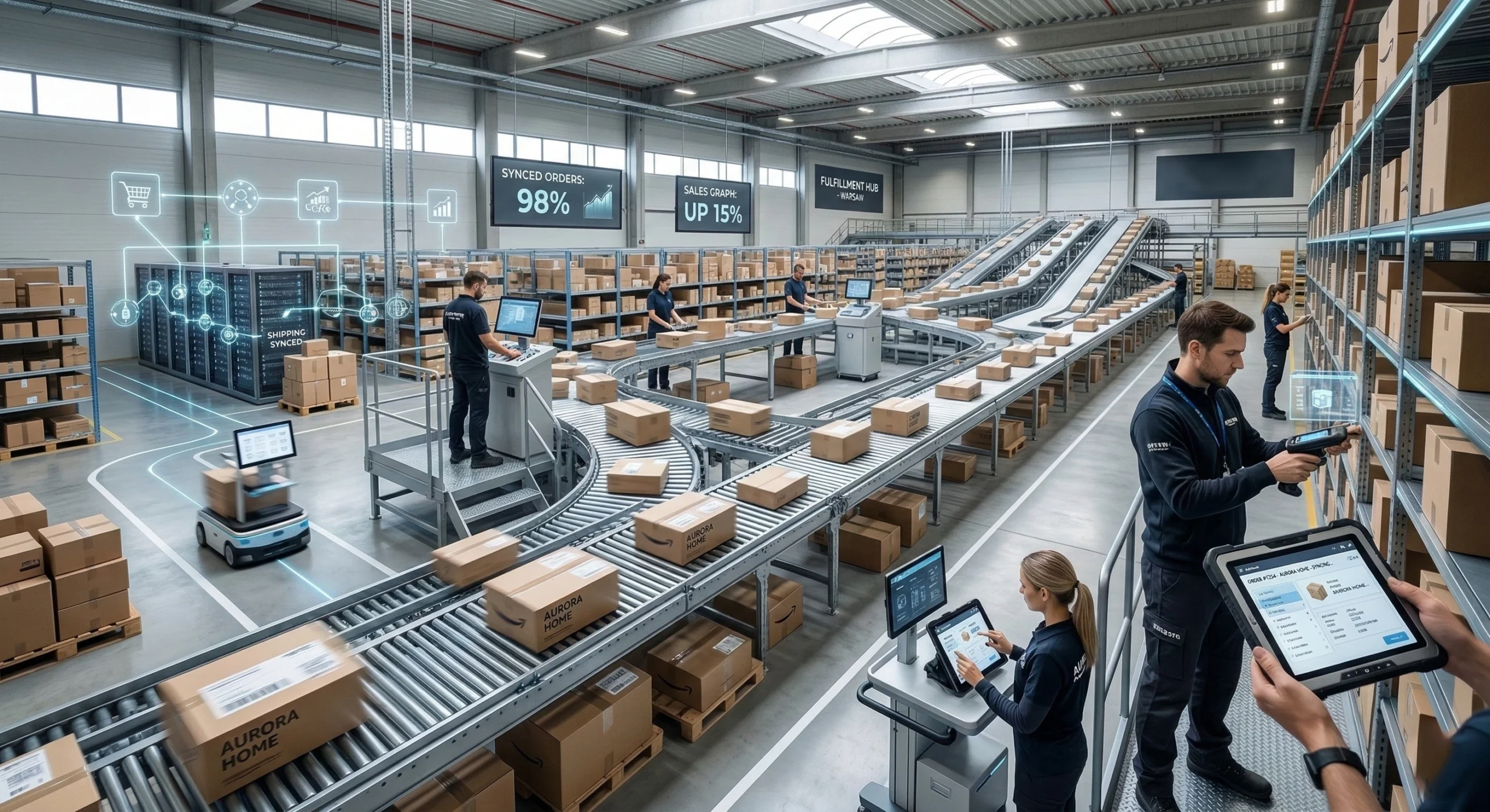 Automatisierte Lagerlogistik mit mobiler Datenerfassung und WMS-Anbindung zur Optimierung der Versandgeschwindigkeit.